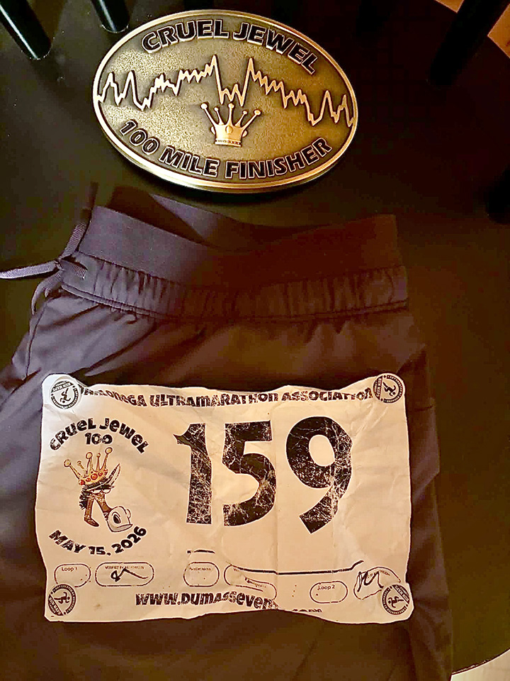 Cruel Jewel 100 Mile bib and finisher medal